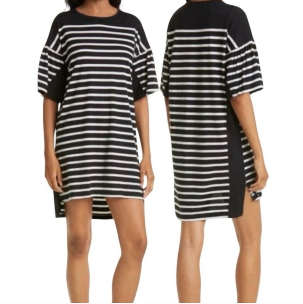 La Ligne Black & White Stripe Drop Shoulder Puff Sleeve Cotton Knit T-Shirt Dres